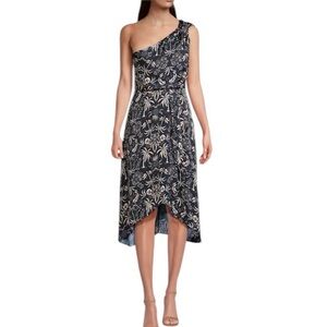 Laundry by Shelli Segal Printed One Shoulder Asymmetrical Satin Midi Dress 2 NEW